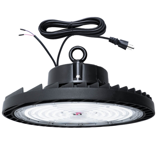 A black UFO high bay LED light with a wire and plug, designed for industrial or commercial use.