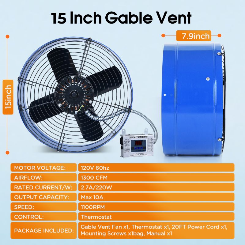 Load image into Gallery viewer, 15 Inch Attic Gable Fan with Thermostat -1300CFM