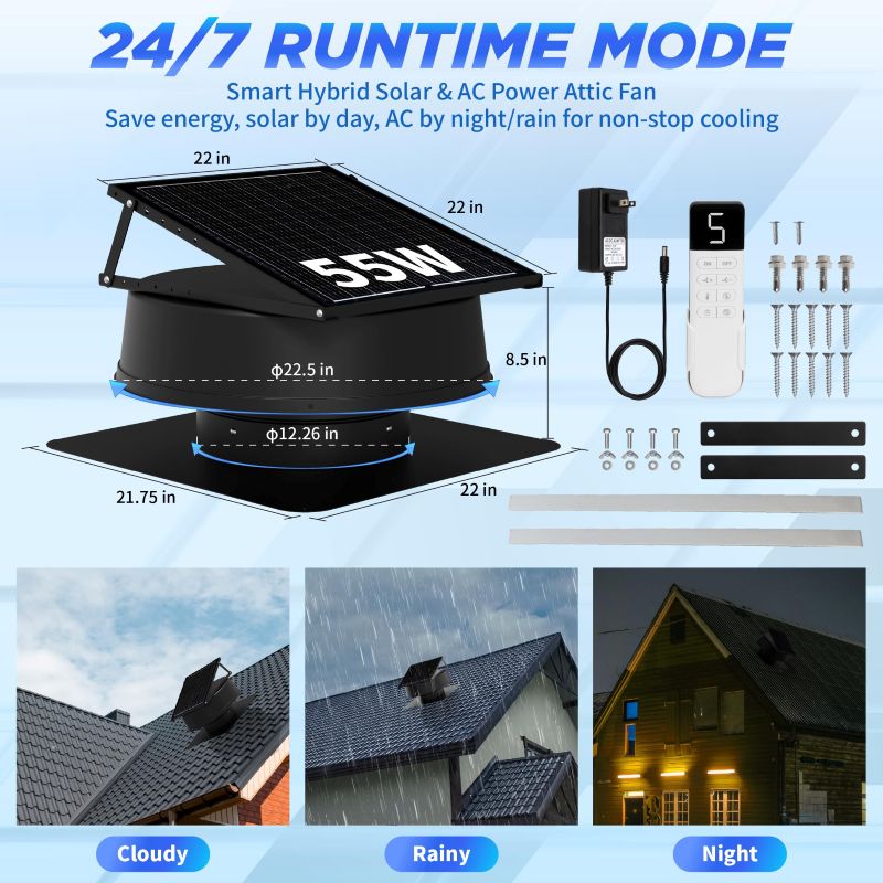 Load image into Gallery viewer, 55W 12" Solar Attic Fan with Smart Power Adapter+Remote