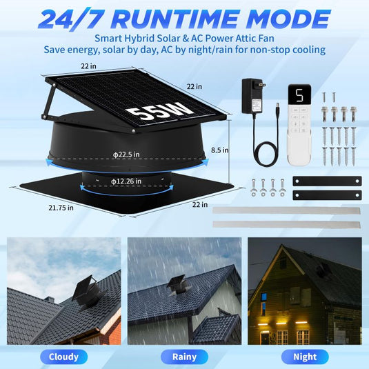 55W 12" Solar Attic Fan with Smart Power Adapter+Remote