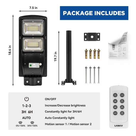 LANGY 60W Solar Street Light – 6000 Lumens Outdoor, 10000mAh Battery, 120 LED – ES0460W