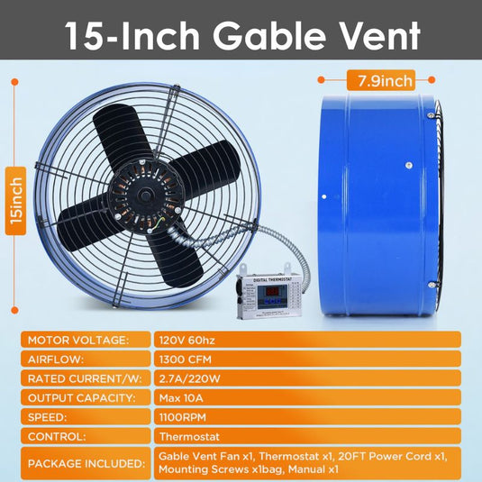 15 Inch Attic Gable Fan with Thermostat -1300CFM