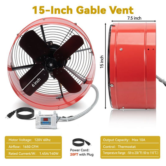 15 Inch Attic Gable Fan with Thermostat -1650CFM