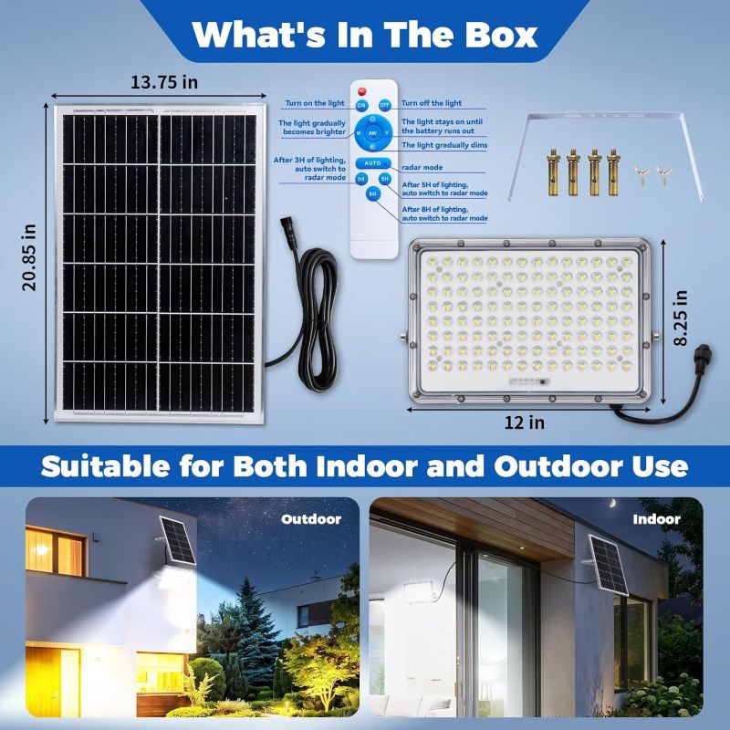 Load image into Gallery viewer, Solar light kit box contents and dimensions on a blue background, showing a solar panel, LED light, remote control, battery, mounting hardware, and two small lifestyle photos of outdoor and indoor use.
